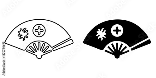 Two stylized folding fans in black and white