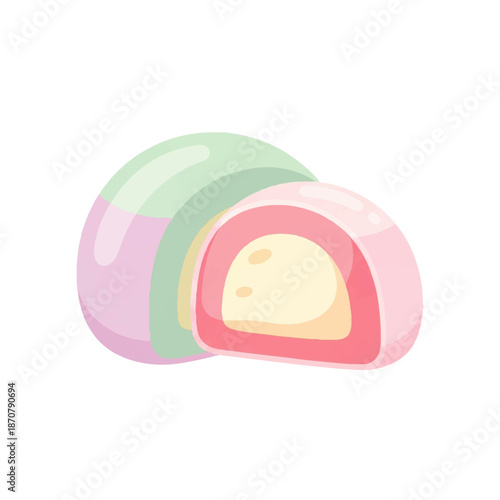 Flat vector icon of delicious Japanese mochi dessert, a soft sweet rice cake with various fillings, perfect for culinary and food-related designs