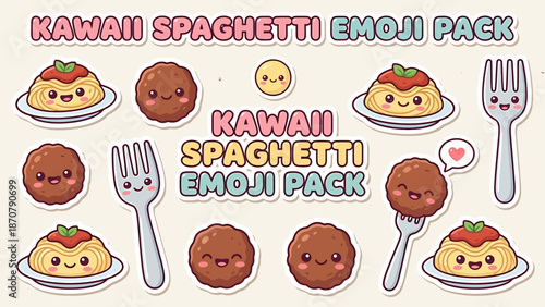 Kawaii Spaghetti Emoji Pack with Cartoonish Food Illustrations.
