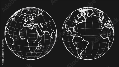 Minimalist globe line art illustration showing Eastern and Western hemispheres with latitude and longitude lines. Black and white vector for global geography and education.