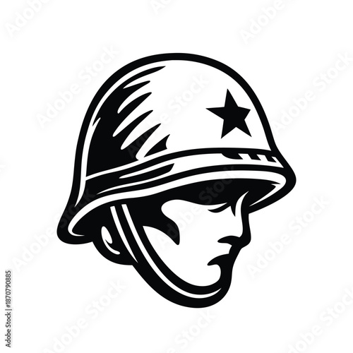Stylized Soldier Head in Helmet with Star Vector Icon