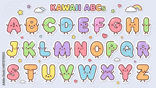 Colorful Cartoon Alphabet Letters with Kawaii Faces and Decorations.