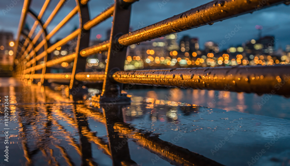 Fototapeta premium Rainy evening reflections of a city skyline behind a wet metal railing