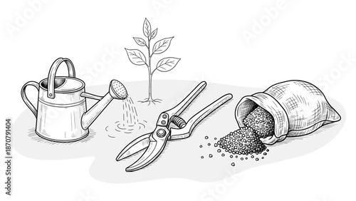 Black and white illustration of pruning shears watering can seedling and soil for cherry tree pruning and planting education