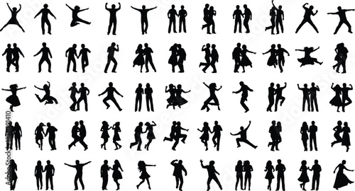 Expressive Silhouettes of People in Motion, Dancing, Jumping, and Interacting, Perfect for Creative, Artistic, or Educational Projects