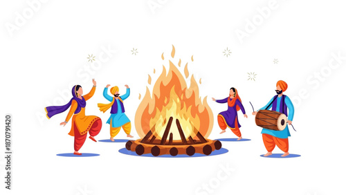 Vector illustration of traditional dancers performing around a Lohri bonfire at night with vibrant colors and dynamic movements.