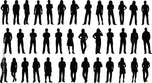 Diverse black human silhouettes in standing poses showcasing posture, fashion, and body types for design, sociology, and visual studies