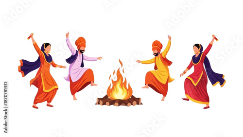 Vector illustration of four people performing traditional dance around a Lohri bonfire at night with vibrant costumes and joyful expressions.