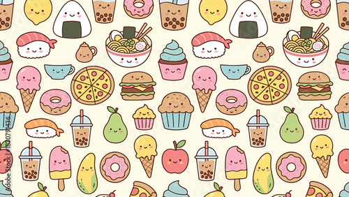 Colorful cartoon pattern of various desserts and fruits.