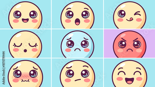 Assorted Cartoon Emoticons with Various Facial Expressions.