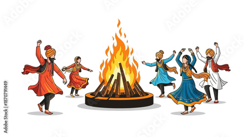 Vector illustration of people performing traditional dance around a Lohri bonfire at night with vibrant costumes and joyful expressions.
