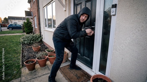 Burglar attempting to break into a home through the front door