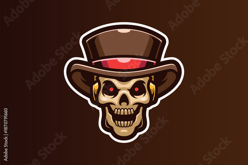 Rockabilly Sinister Skull Mascot Logo in Top Hat with Glowing Red Eyes - Vintage Gentleman Skeleton Vector Illustration for Gaming and Halloween BrandingSkull E-sport Logo Template