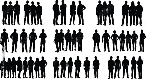 Groups of black human silhouettes in varied standing poses, ideal for design, posture analysis, and crowd composition templates.