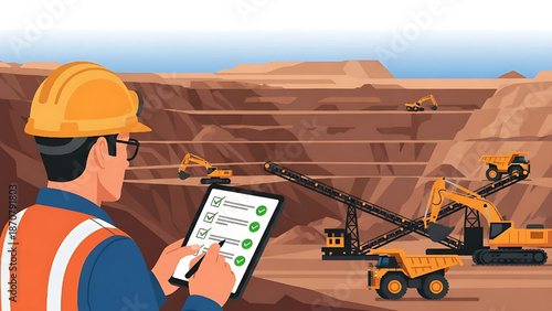 Industrial Mining Operations and Safety Checklist Being Reviewed by Supervisor on Tablet