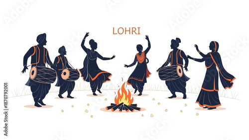 Vector illustration of people performing traditional dance around a bonfire at night during Lohri festival with orange and black hues.