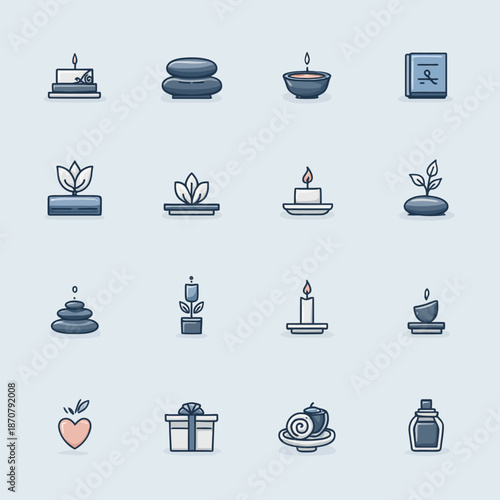 Spa and wellness icons candles stones plants and gifts on light blue