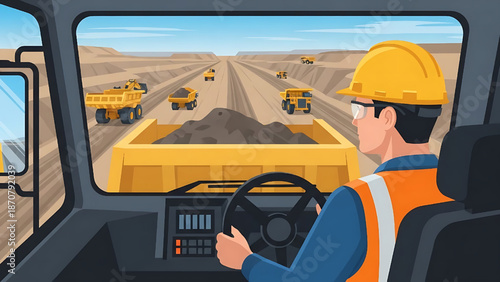 Truck driver in an open-pit mine, operating heavy machinery and transporting minerals