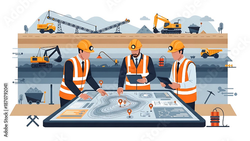 Expert team of mining engineers collaboratively planning and optimizing complex industrial operations, utilizing detailed maps to enhance resource extraction and efficiency