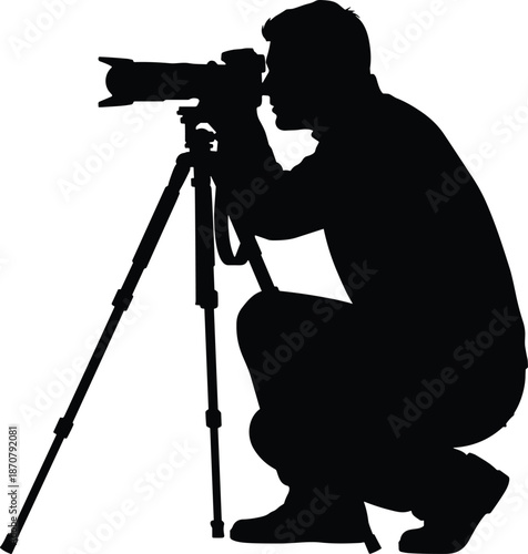 Silhouette of Photographer Using Tripod Camera in Crouching Pose, Ideal for Media, Documentation, Creative, or Artistic Projects