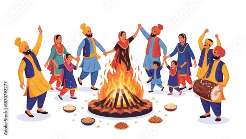 Vector illustration of people in traditional attire dancing around a Lohri bonfire at night with a festive atmosphere.