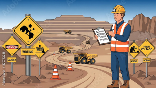Mining safety inspection a worker checks a clipboard in a quarry with heavy machinery and warning signs