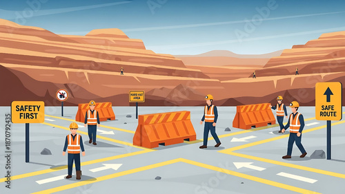 Construction workers ensuring safety on a busy road intersection with safety signs and barriers