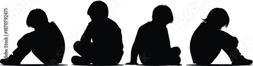 Silhouettes of Children Sitting in Thoughtful Poses, Ideal for Emotional, Reflective, Educational, or Creative Design Projects