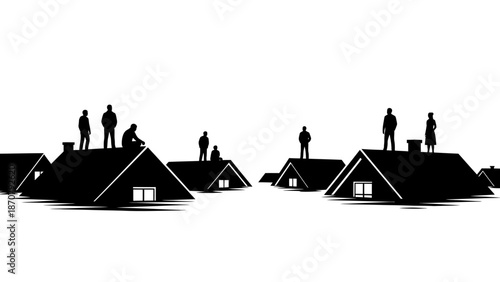 Silhouette of People on Rooftops During Flood Disaster Neighborhood