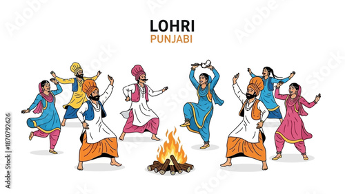 Vector illustration of people performing traditional Punjabi dance around a bonfire at night during Lohri festival with vibrant costumes.