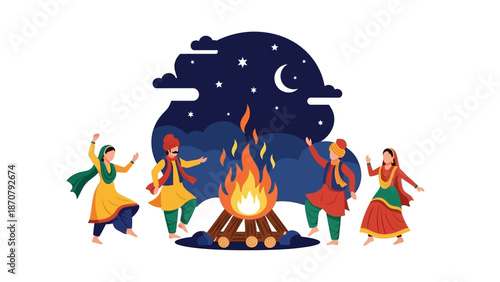 Vector illustration of people performing traditional dance around a Lohri bonfire at night with a dark blue starry sky background.