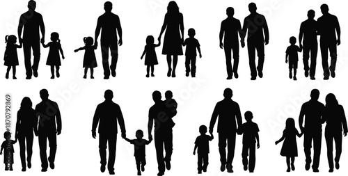 Silhouettes of Diverse Family Units in Varied Poses, Ideal for Parenting, Social Themes, Emotional, or Creative Design Projects