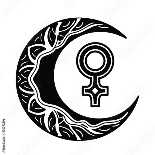 Crescent Moon with Venus Symbol and Organic Floral Pattern Vector