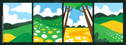 Landscape field. Background spring. Season summer nature. Grass with sky. Hill with flowers. Scenery in countryside. Print banner. Vector garish decoration, cartoon flat style isolated illustration