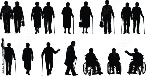 Silhouettes of Elderly People in Varied Poses and Activities, Ideal for Aging, Mobility, Caregiving, or Lifestyle Design Projects