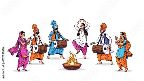 Vector illustration of people in traditional attire performing a dance around a Lohri bonfire at night with vibrant costumes and dynamic poses.