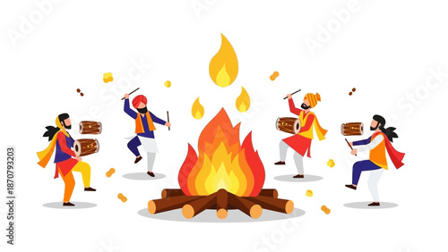 Vector illustration of people performing traditional dance around a Lohri bonfire at night with colorful costumes and festive atmosphere.