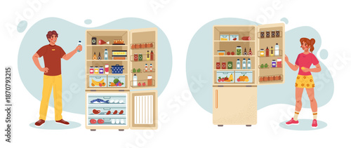 Character by refrigerator. Full fridge. Food temperature. Daily meal choice. Hungry person. Cartoon food, meal intake, groceries organized storage at home. Flat illustration vector tidy isolated scene