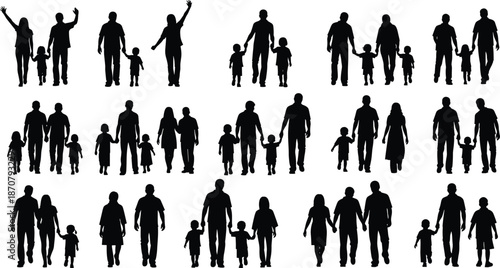 Silhouettes of Families in Varied Group Poses, Ideal for Parenting, Diversity, Community, or Creative Design Projects