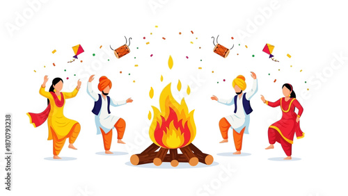 Vector illustration of people in traditional attire performing a Lohri dance around a bonfire at night with colorful confetti