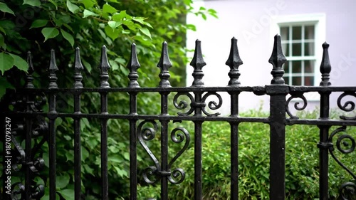 Decorative black wrought iron fence with green bushes.