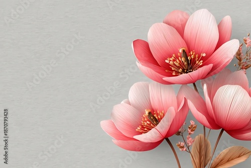 Elegant Pink Flowers Against Soft Gray Background for Design Use