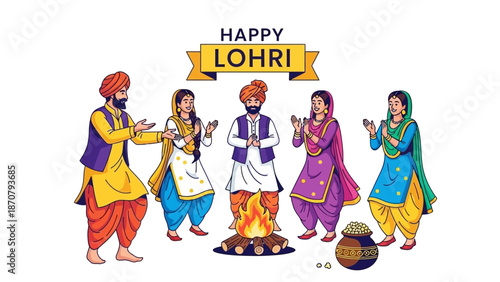 Vector illustration of people in traditional attire performing a Lohri traditional dance around a bonfire at night with a festive mood and warm colors.