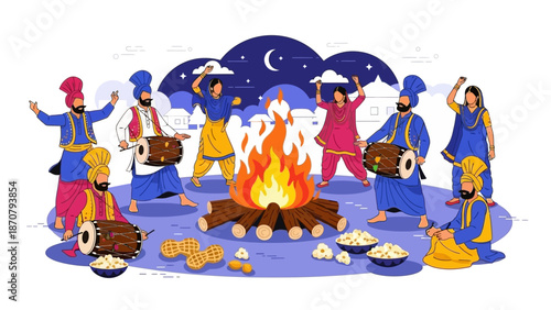 Vector illustration of people in traditional attire performing a Lohri festival dance around a bonfire at night with musical instruments and offerings.