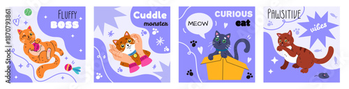 Cat cute. Pet with paw. Character happy, animal smile. Poster with kitten. Doodle background about cats day. Sticker funny cartoon, square comic cards. Vector tidy flat style isolated illustration