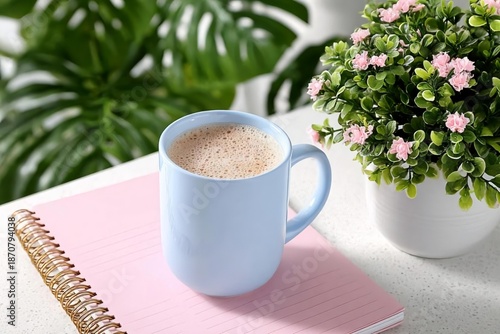 Morning coffee in a blue mug beside a pink notebook and plants