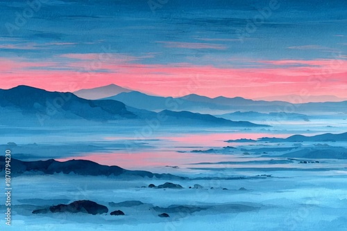 Serene Blue Mountain Landscape at Dawn with Soft Pink Sky