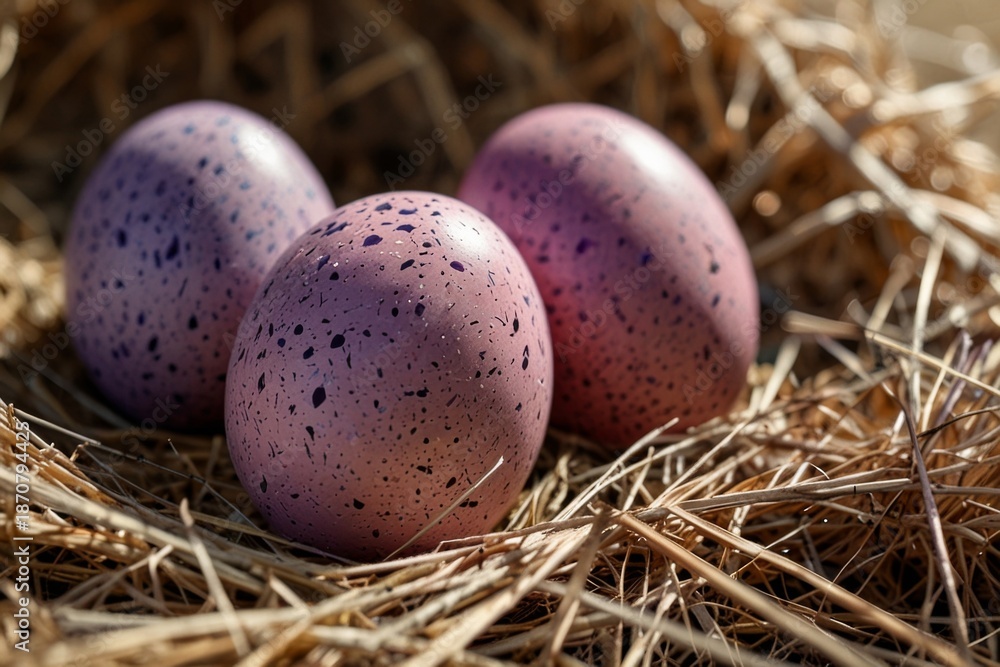 Fototapeta premium Pink and blue Easter eggs in hay spring still life — ai