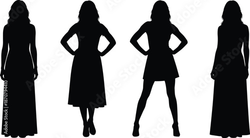 Silhouettes of Women in Varied Poses and Dress Styles, Ideal for Fashion, Feminine, Artistic, or Design Projects