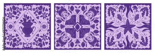 Italy pattern. Lemon frame. Ornament of bandana. Woman face. Sicily tile. Marine ornament. Seaweed and seashells. Textile decoration art. Vector tidy Mediterranean graphic summer fabric prints set